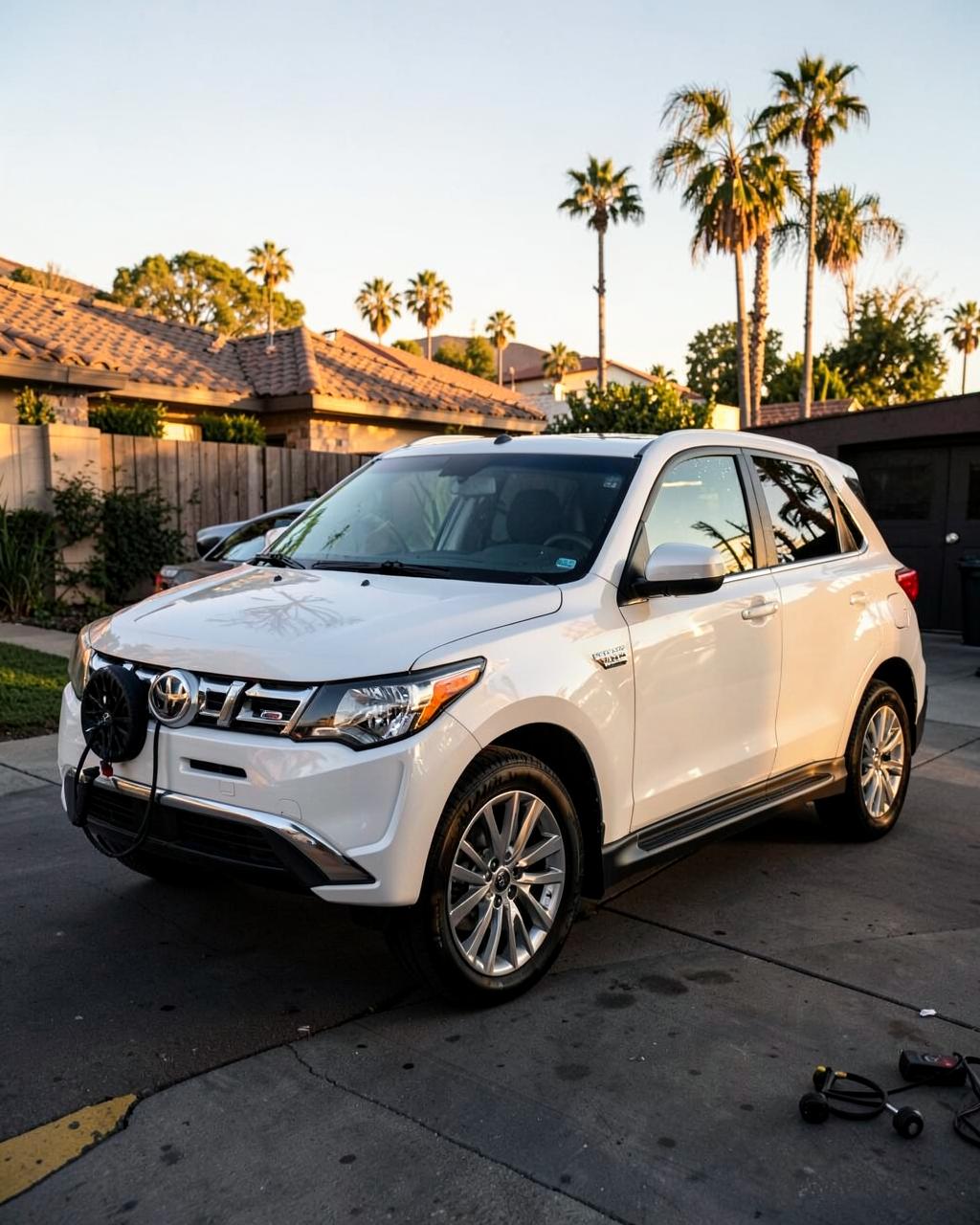 White SUV washed in a Los Angeles driveway